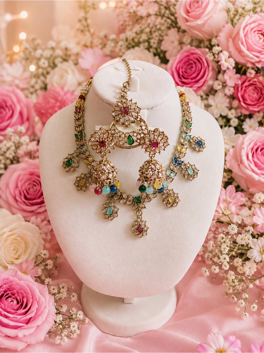 Gold Multicolor Floral Statement Necklace - Women Jewelry